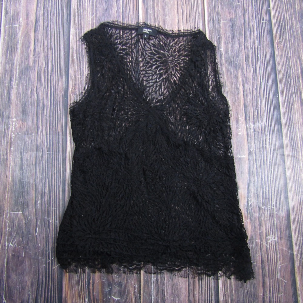 Philippe Adec Lace Tank Top Womens Large Black V-Neck Eyelash Trim Sleeveless
